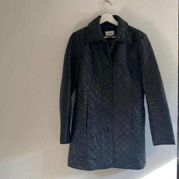 Neiman Marcus 100% Leather Quilted Button Front Collared Over Coat Medium - Picture 3 of 8